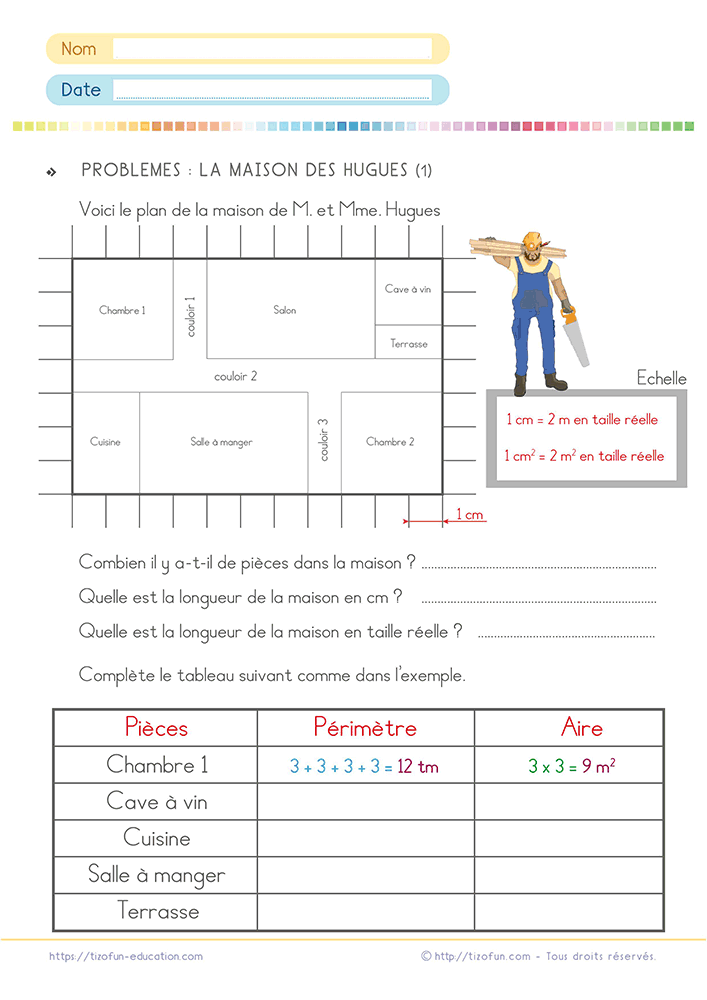 Plan de maison servant de support à un problème périmètre aire plan maison CM1 6e avec calcul des dimensions réelles grâce à une échelle.