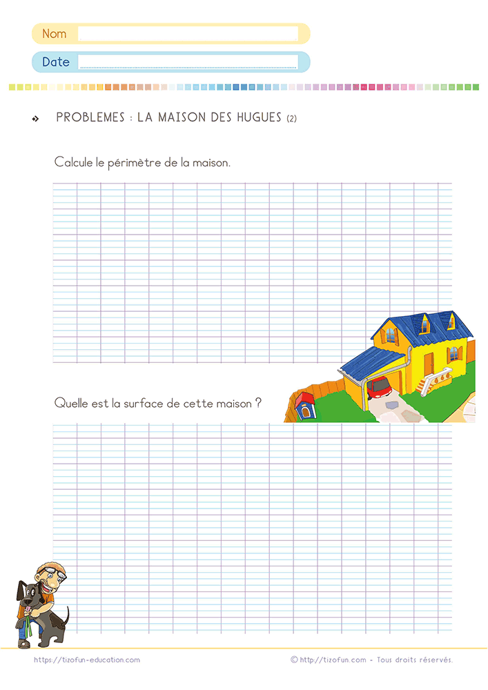 Situation de géométrie utilisant un plan d'habitation pour résoudre un problème périmètre aire plan maison CM1 6e et compléter un tableau de calculs.