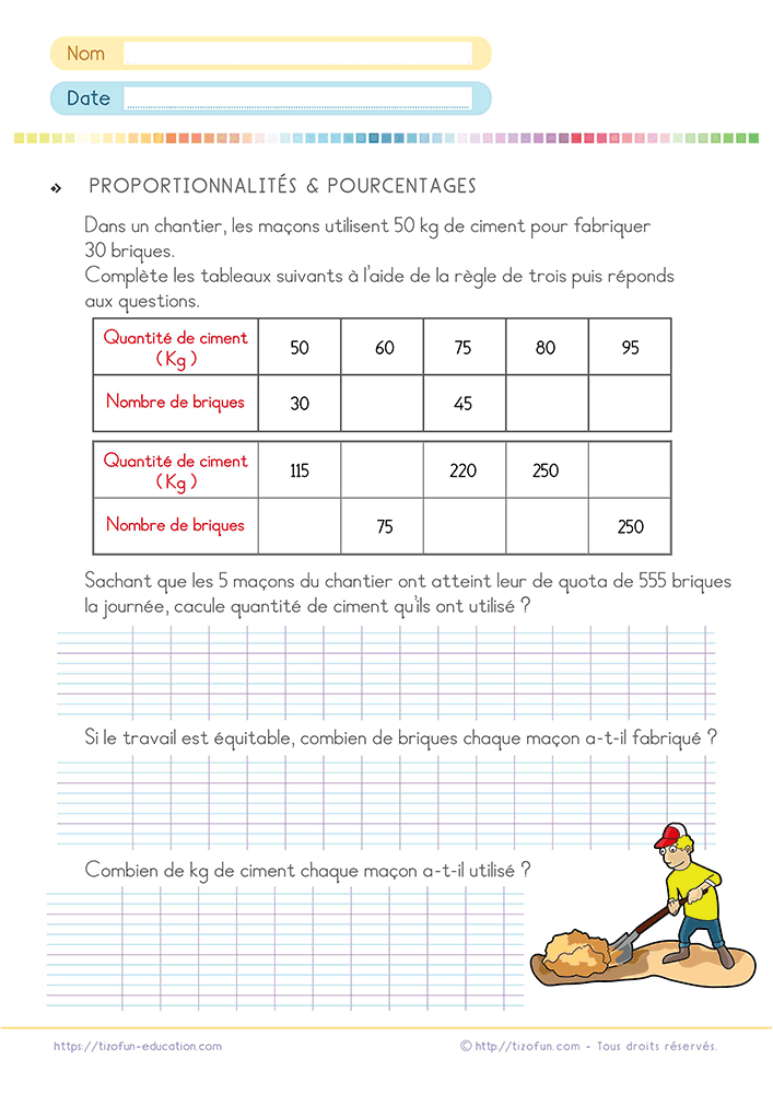 Activité de mathématiques proposant un exercice de proportionnalité avec la règle de trois du CM1 à la 6e à partir de tableaux et d'une situation de chantier.