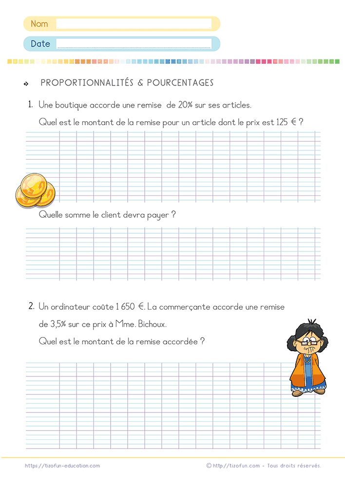 Activité de mathématiques proposant un problème de pourcentage et de proportionnalité du CM1 à la 6e avec des remises commerciales et des calculs de prix.