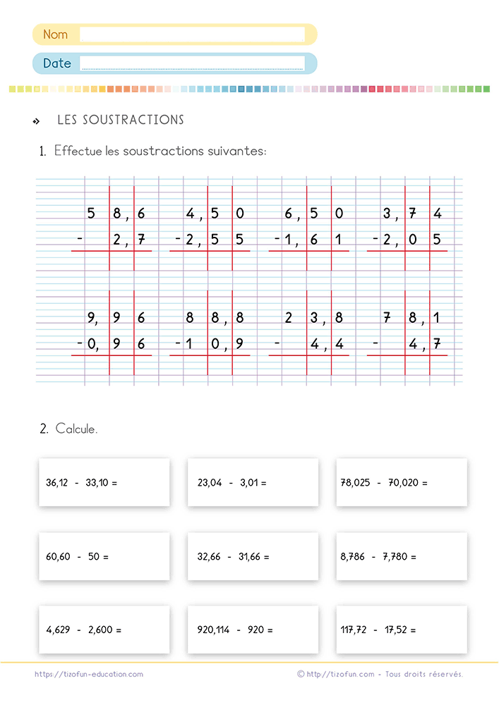 Fiche d'exercices sur la soustraction de nombres décimaux en CM1 à la 6e combinant calcul posé, alignement de la virgule et calcul mental progressif.