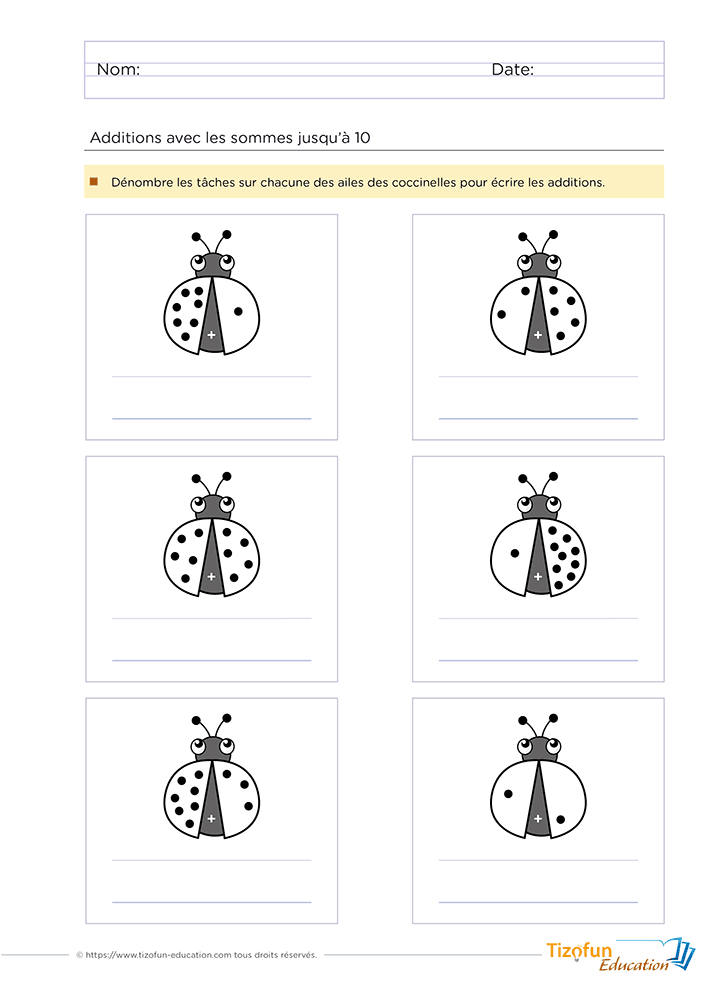Exercice de mathématiques niveau GS CP pour apprendre à écrire une addition à partir des points d'une coccinelle.