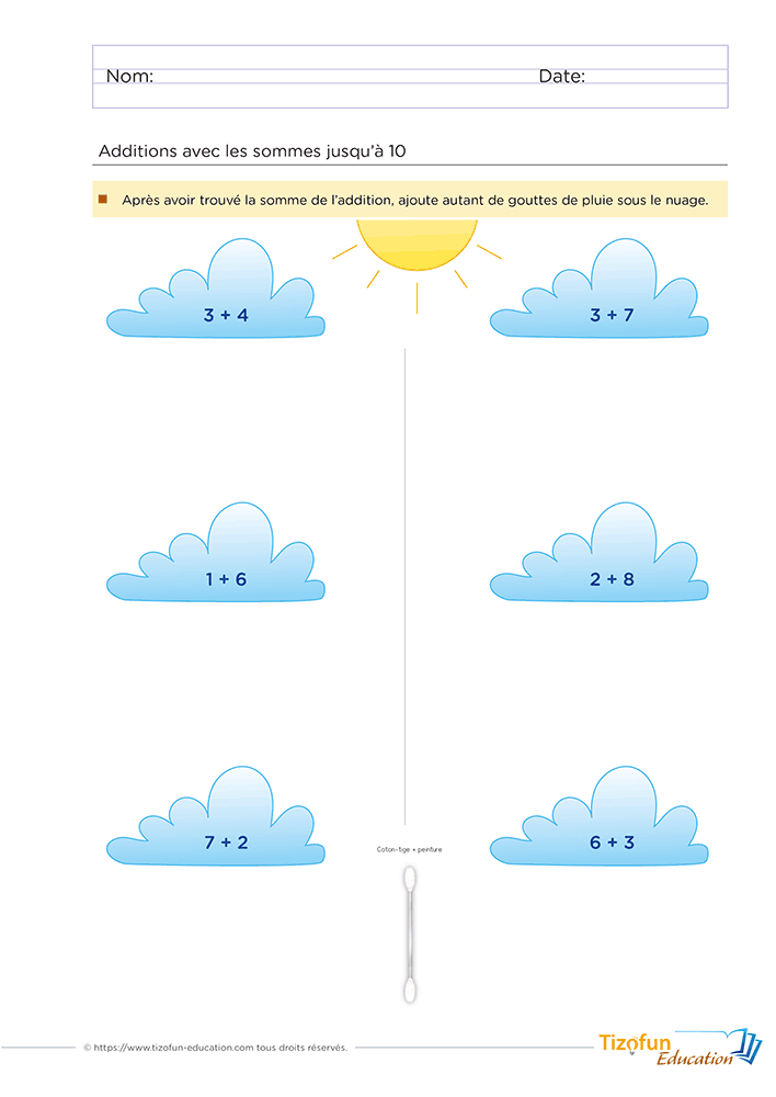 Exercice d'addition avec un nuage en GS et CP à imprimer pour calculer des sommes jusqu'à 10 puis représenter chaque résultat avec des gouttes de pluie au coton-tige.