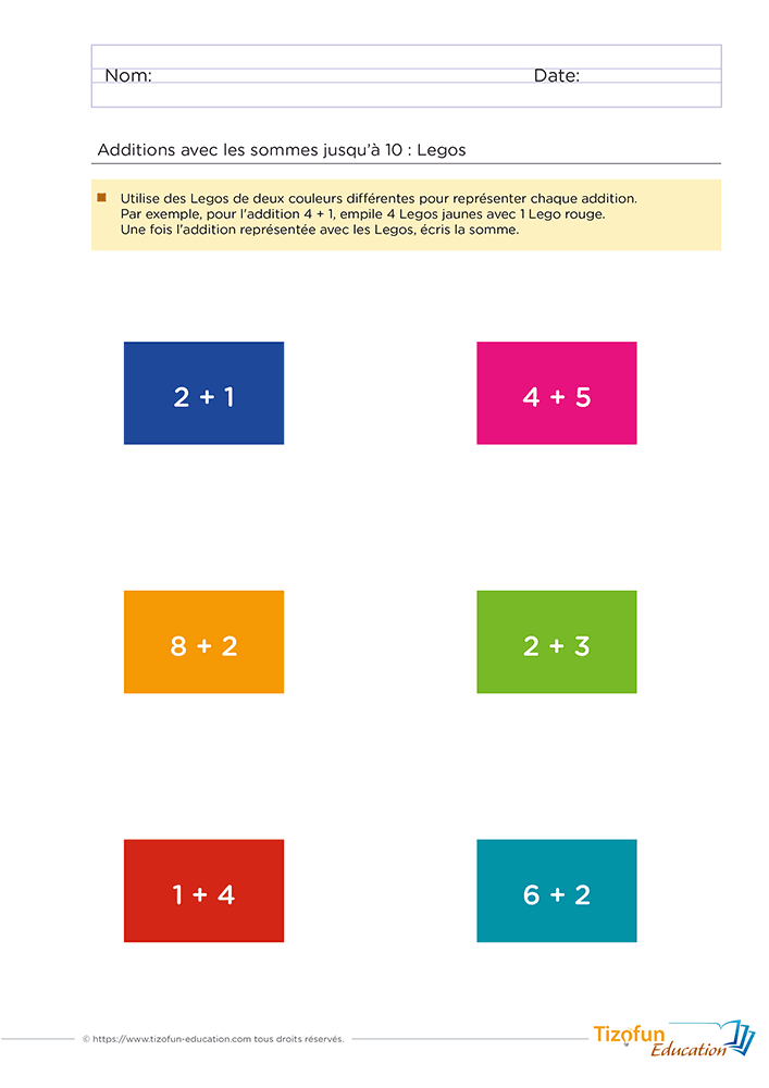 Exercice d'addition avec des briques de Tizofun Education à imprimer pour manipuler les sommes jusqu'à 10 à l'école ou à la maison.
