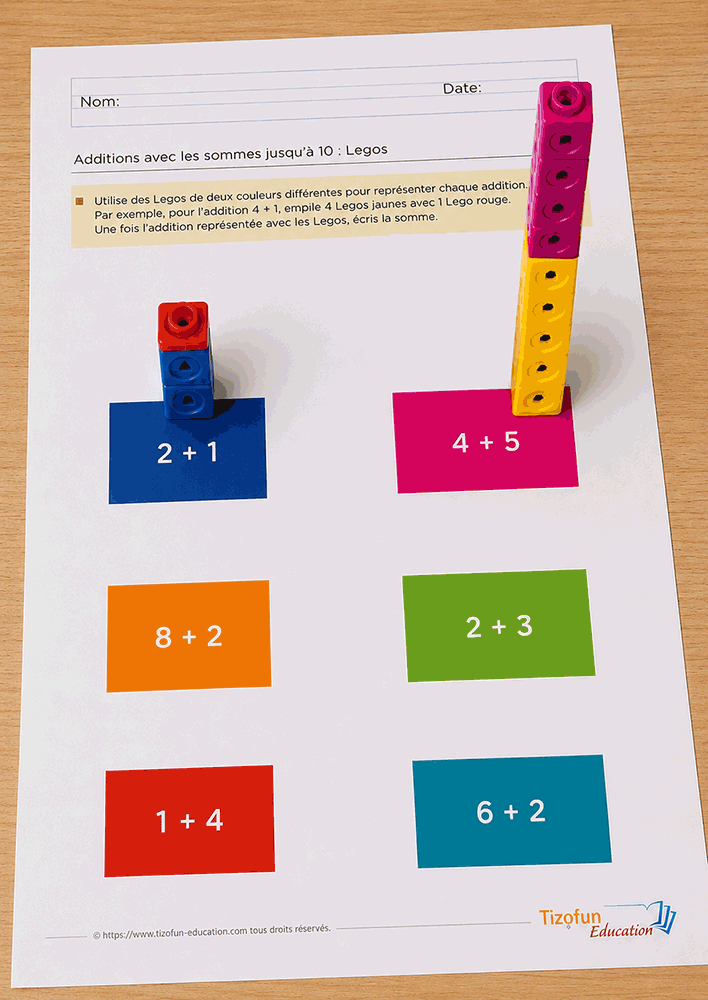 Fiche d'addition avec des Legos en GS et CP à imprimer pour construire deux collections de briques colorées, les réunir puis écrire la somme obtenue.