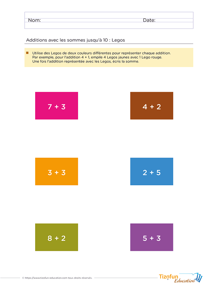 Exercice d'addition niveau GS CP avec des rectangles de couleur et des tours de briques empilées pour matérialiser les opérations.