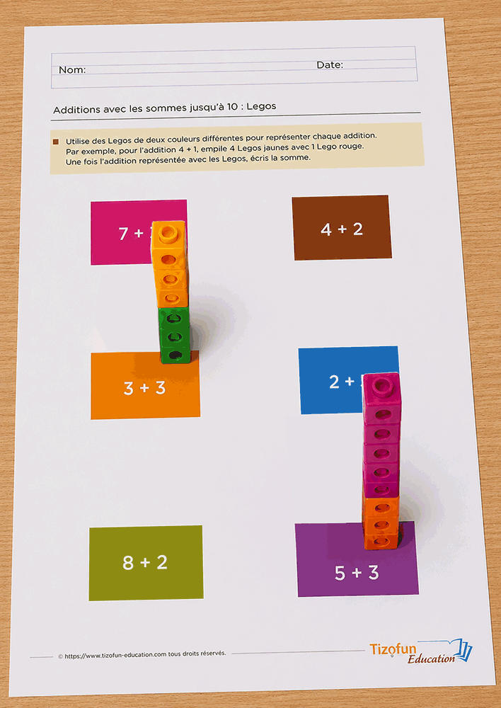 Exercice addition avec lego GS CP présentant des additions jusqu'à 10 à représenter avec des briques bicolores afin de visualiser les compléments et écrire chaque somme.