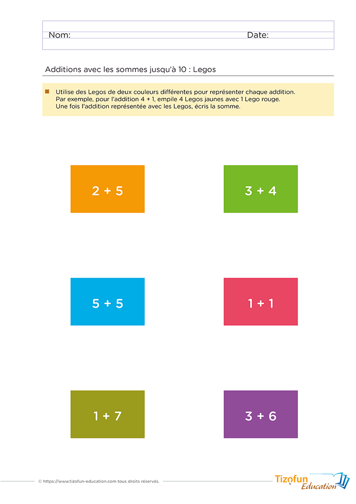 Fiche addition avec lego GS CP où des blocs emboîtables permettent de comparer des décompositions additives et les doubles jusqu'à 10.