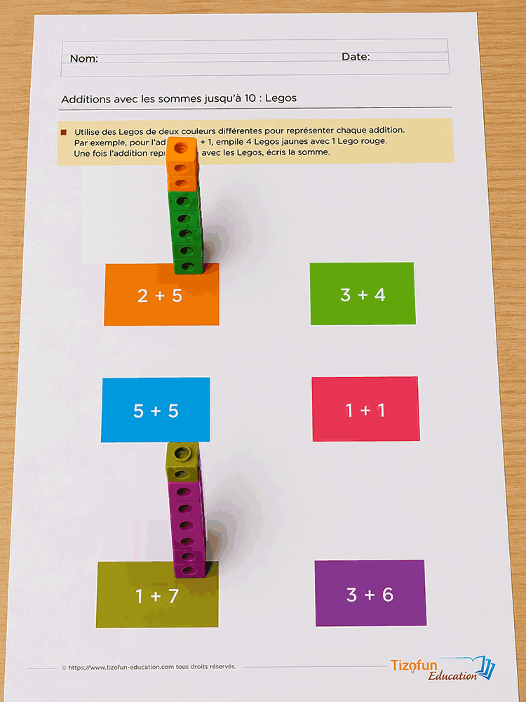 Fiche addition avec lego GS CP proposant des additions jusqu'à 10 à représenter avec des briques de deux couleurs afin de construire les sommes et mémoriser les doubles.