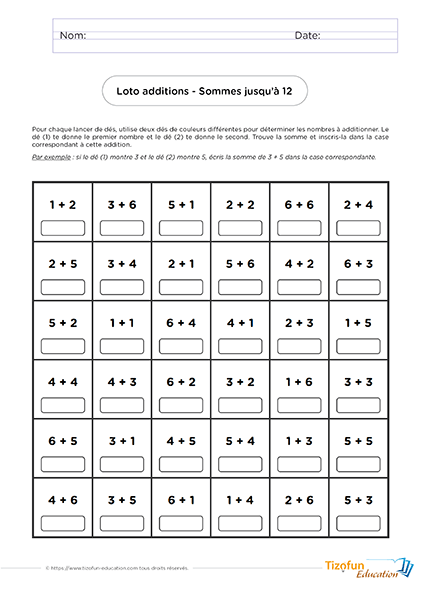 Grille du loto additions PDF à imprimer proposant des additions jusqu'à 12 avec des cases à compléter pendant la partie.