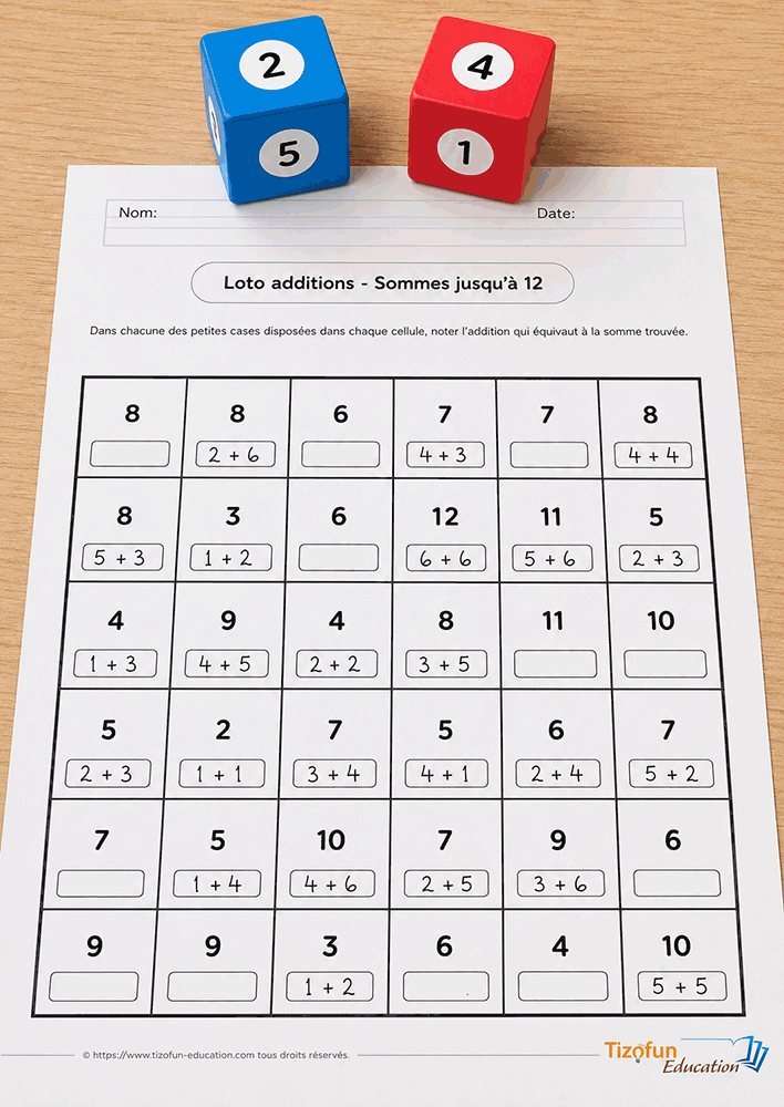Loto additions PDF à imprimer comprenant cinq grilles de jeu différentes et deux dés à fabriquer pour entraîner le calcul mental jusqu'à 12.