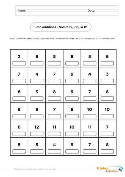 Pack de Loto additions PDF à imprimer avec 6 grilles uniques et des dés à fabriquer.