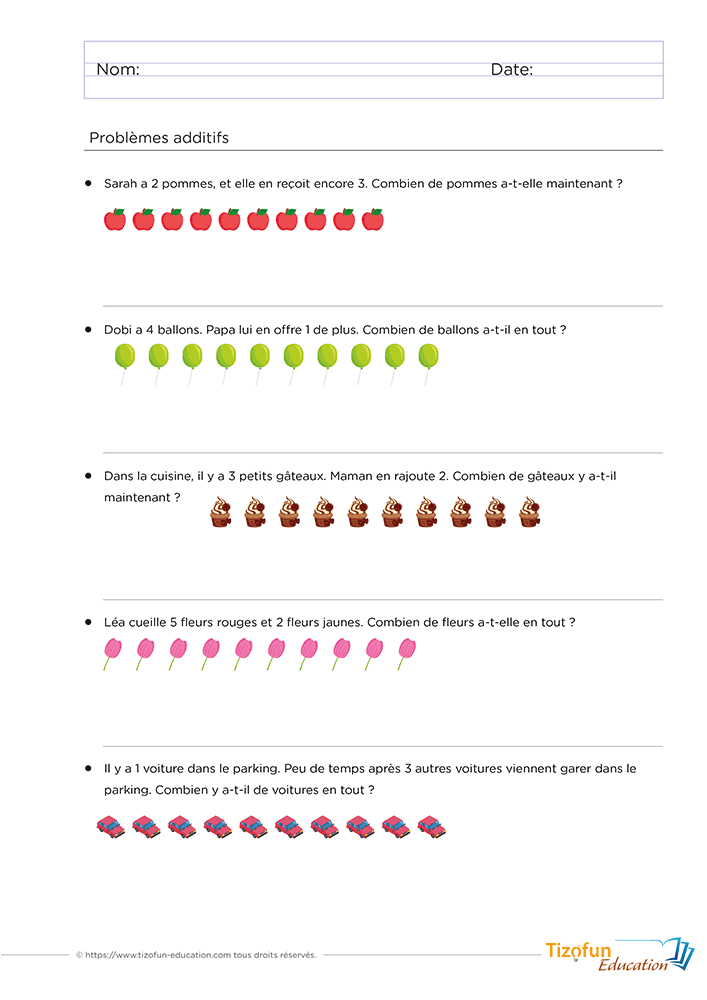 Problème additif GS CP à imprimer proposant cinq situations illustrées avec des pommes, des ballons, des gâteaux, des fleurs et des voitures pour résoudre des additions jusqu'à 10.
