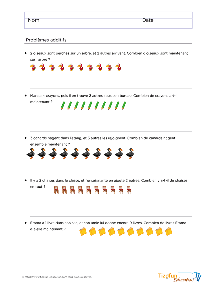 Exercice problème additif GS CP avec cinq histoires illustrées utilisant des oiseaux, des crayons, des canards, des chaises et des livres pour résoudre des additions jusqu'à 10.