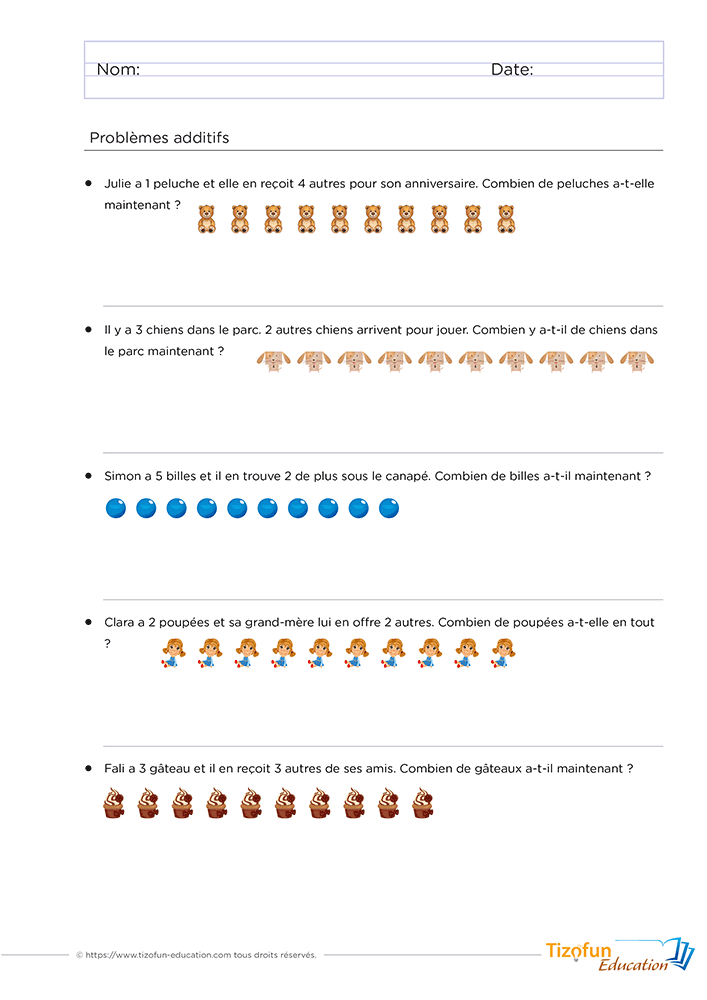 Fiche problème additif GS CP proposant cinq histoires illustrées avec des peluches, des chiens, des billes, des poupées et des gâteaux pour résoudre des additions jusqu'à 10.