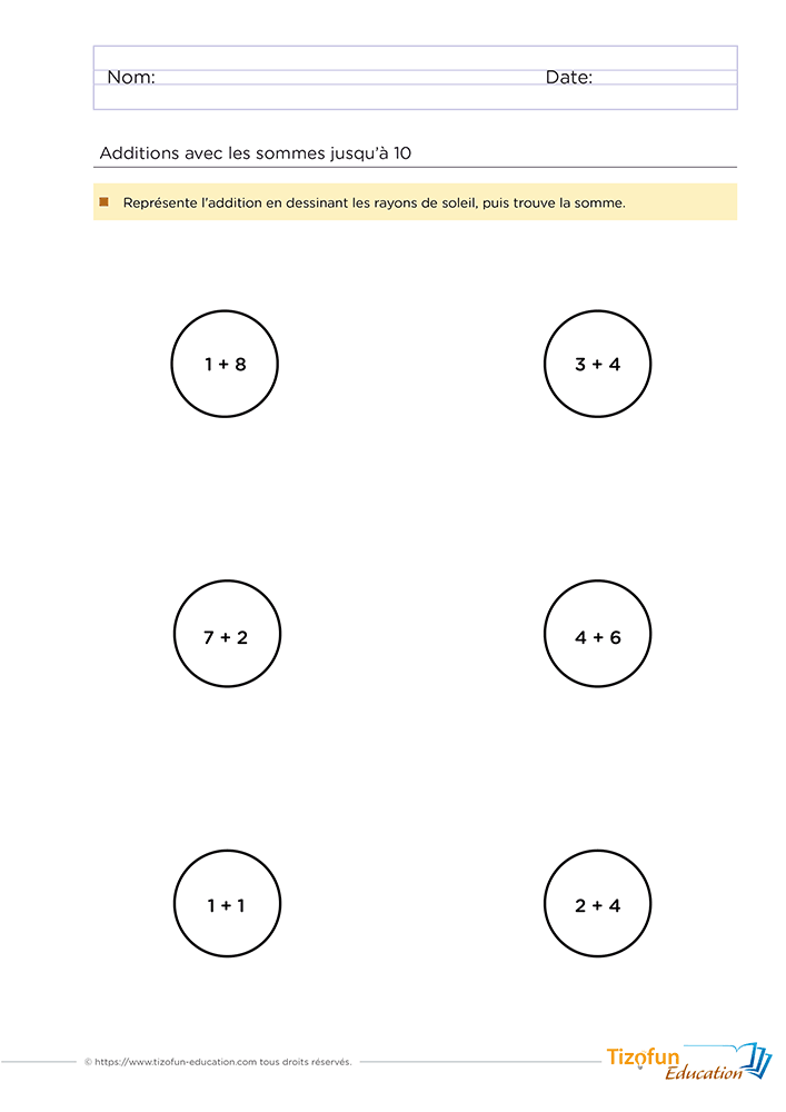Fiche d'activité d'addition à imprimer pour la maternelle GS et le CP. L'enfant dessine les rayons de couleur pour matérialiser la somme.
