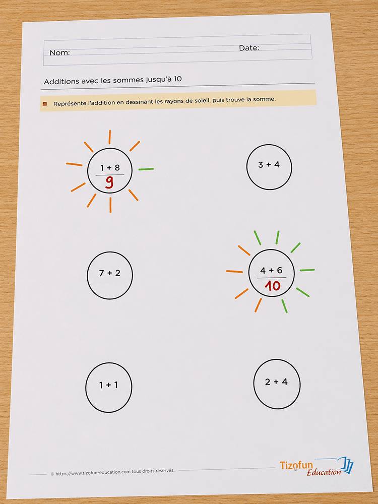 Activité d'addition en Maternelle GS et CP où les enfants dessinent des rayons de soleil colorés pour représenter les additions et trouver les sommes jusqu'à 10.