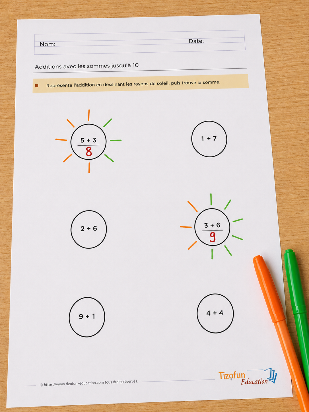 Fiche addition Maternelle GS CP avec des soleils à compléter en dessinant des rayons colorés pour représenter les additions jusqu'à 10.