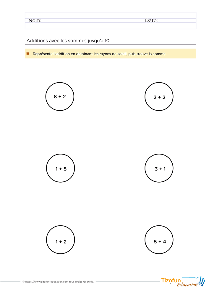 Apprendre les additions de somme jusqu'à 10 avec une activité de rayons de soleil à compléter pour représenter visuellement chaque addition.