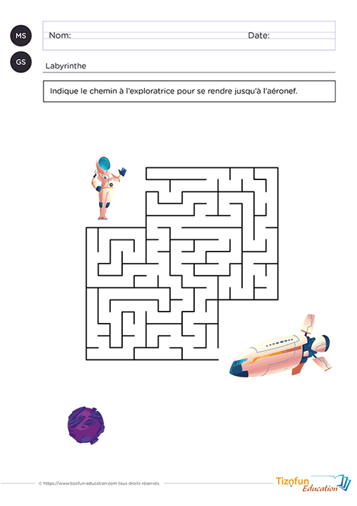 Labyrinthe de parcours maternelle à imprimer invitant les élèves de MS et GS à rechercher un itinéraire logique entre une exploratrice de l'espace et son aéronef afin de développer le repérage spatial et le raisonnement.