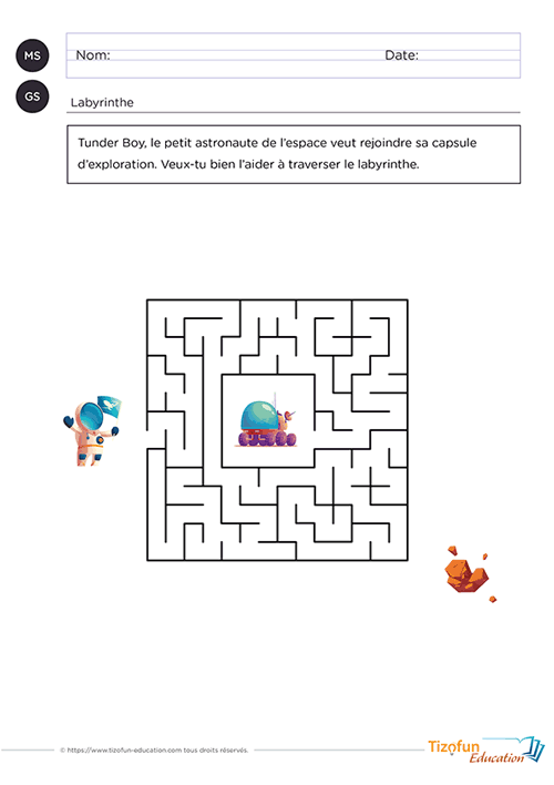 Labyrinthe carré maternelle à imprimer proposant une mission spatiale où un parcours conduit jusqu'à une capsule d'exploration afin de développer le repérage spatial et le raisonnement logique.
