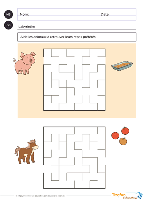 Activité de labyrinthe à imprimer pour la maternelle proposant aux animaux de retrouver leur nourriture préférée grâce à deux parcours favorisant le repérage spatial, l'observation et le raisonnement logique.