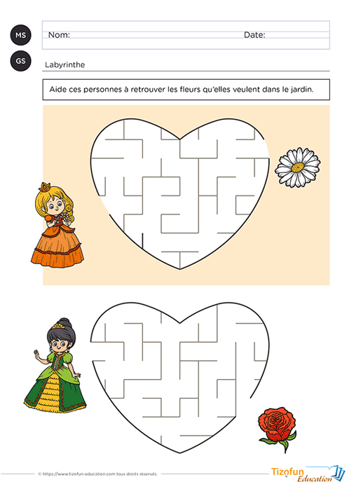 Activité de labyrinthe à imprimer pour la maternelle proposant deux parcours en forme de cœur permettant de retrouver les fleurs du jardin tout en développant le repérage spatial.