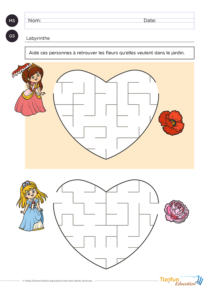 Activité de labyrinthe en cœur à imprimer pour la maternelle proposant deux parcours permettant de retrouver les fleurs d'un jardin tout en développant le repérage spatial et l'observation.