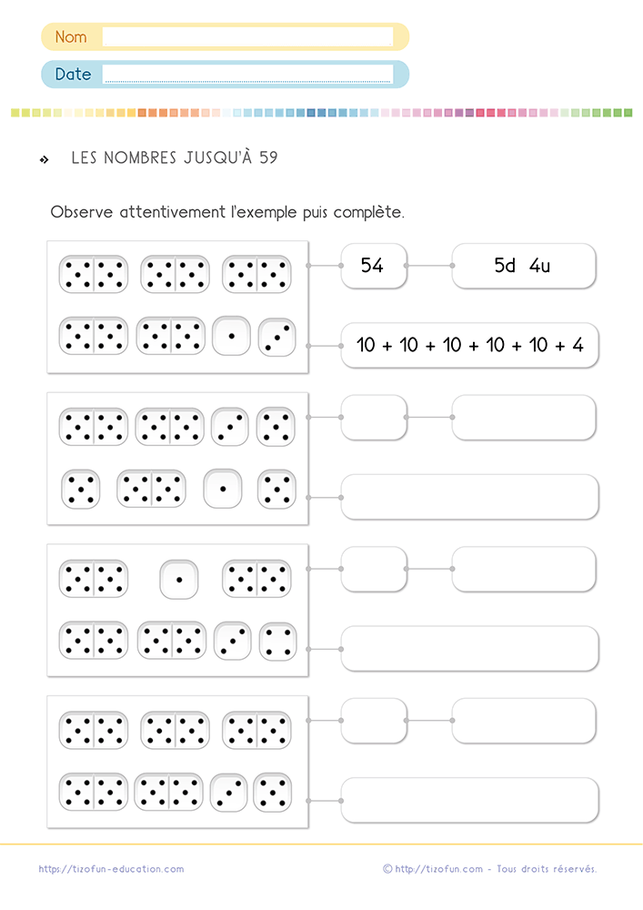 Fiche d'exercice pour écrire les nombres de 50 à 59 CP CE1 grâce à des représentations en dizaines, unités, dominos et décompositions additives favorisant la compréhension de la numération.