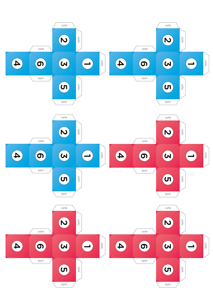 Patrons du loto additions PDF à imprimer avec deux dés bicolores à découper, plier et assembler pour générer les additions.