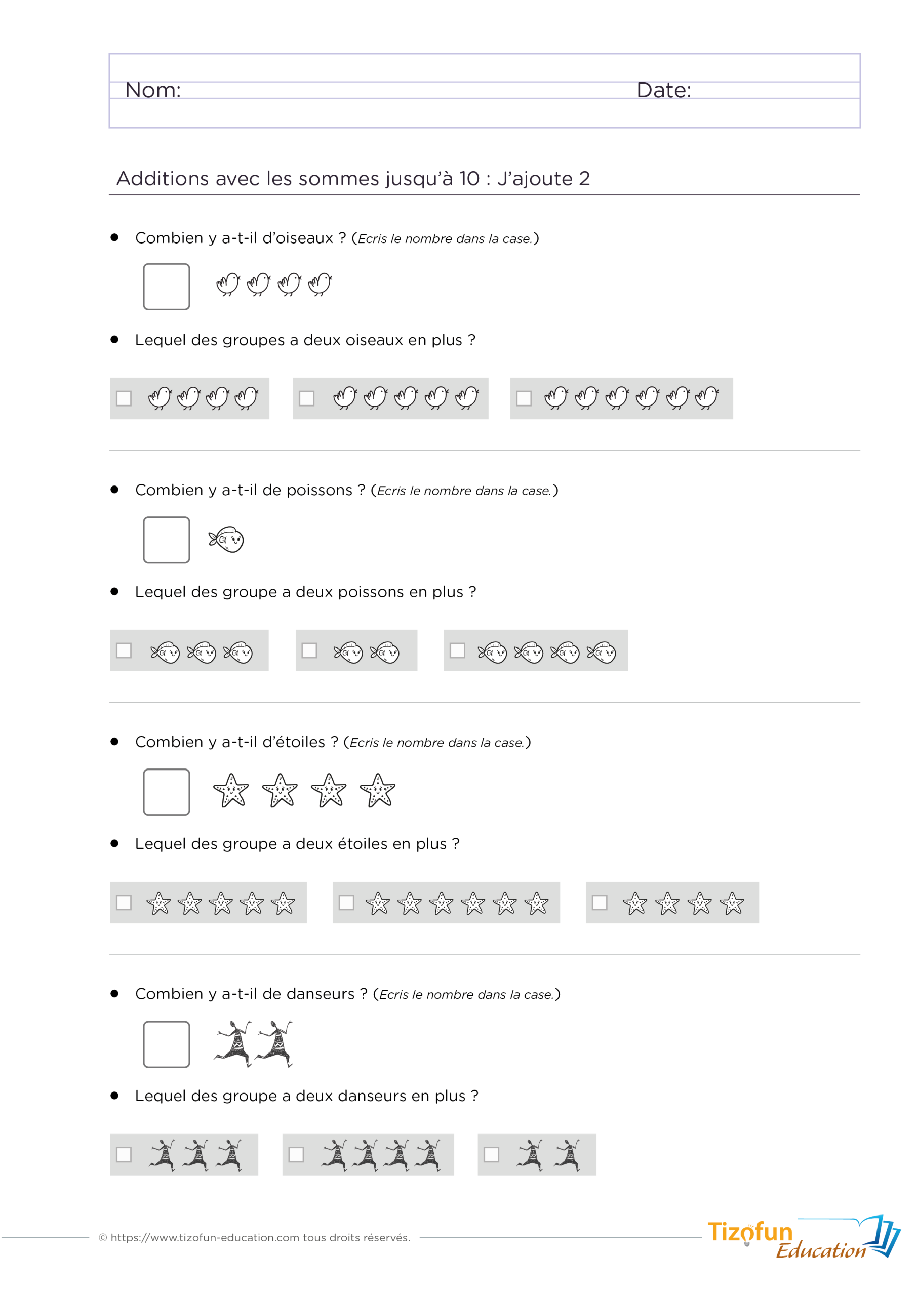 Exercice pour comprendre l'addition et ajouter 2 en GS et CP avec des collections d'oiseaux, de poissons, d'étoiles et de danseurs afin de développer le surcomptage de deux unités.