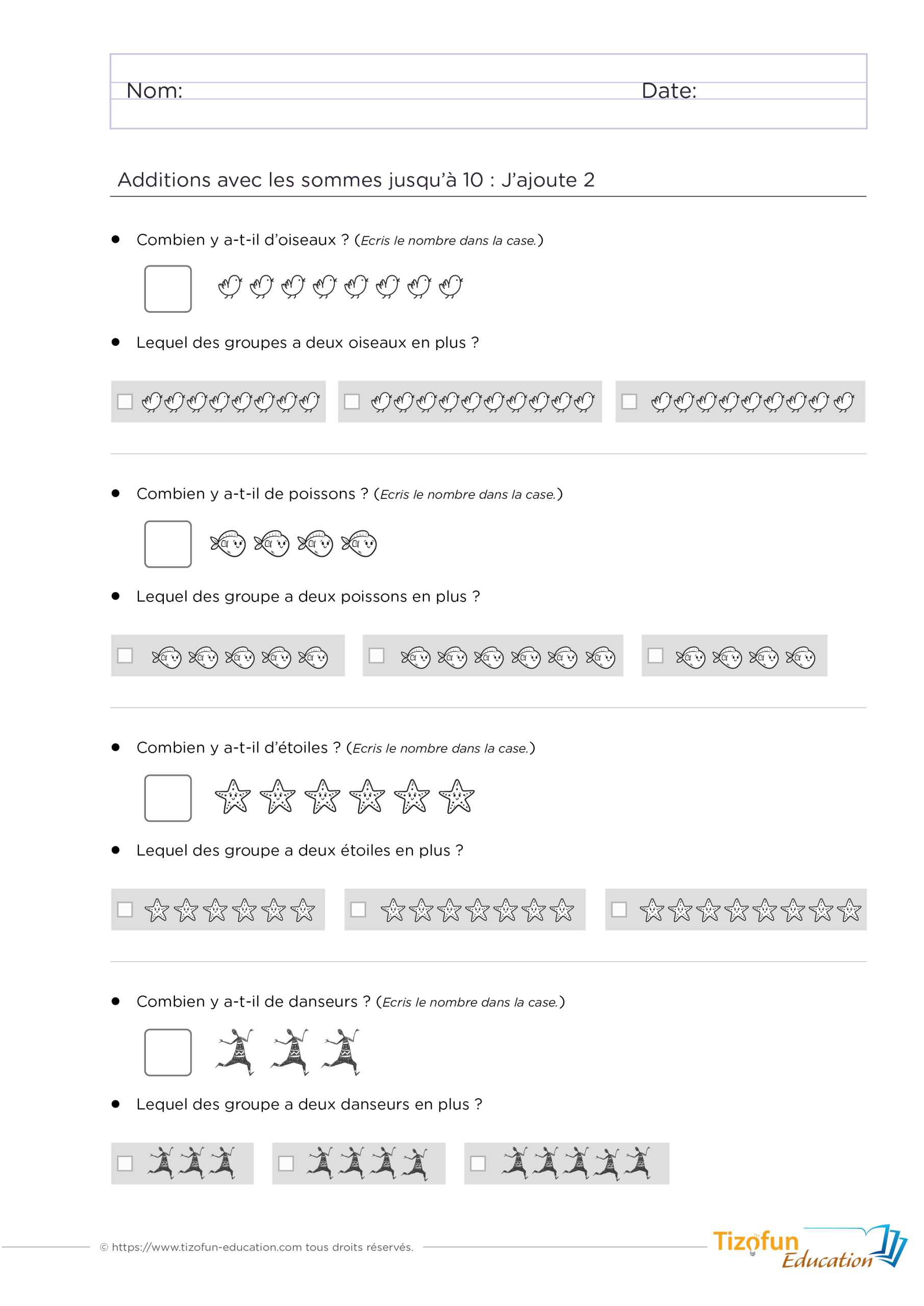 Exercice de surcomptage « J'ajoute 2 » en GS et CP avec des collections d'oiseaux, de poissons, d'étoiles et de danseurs pour renforcer l'addition de deux unités.