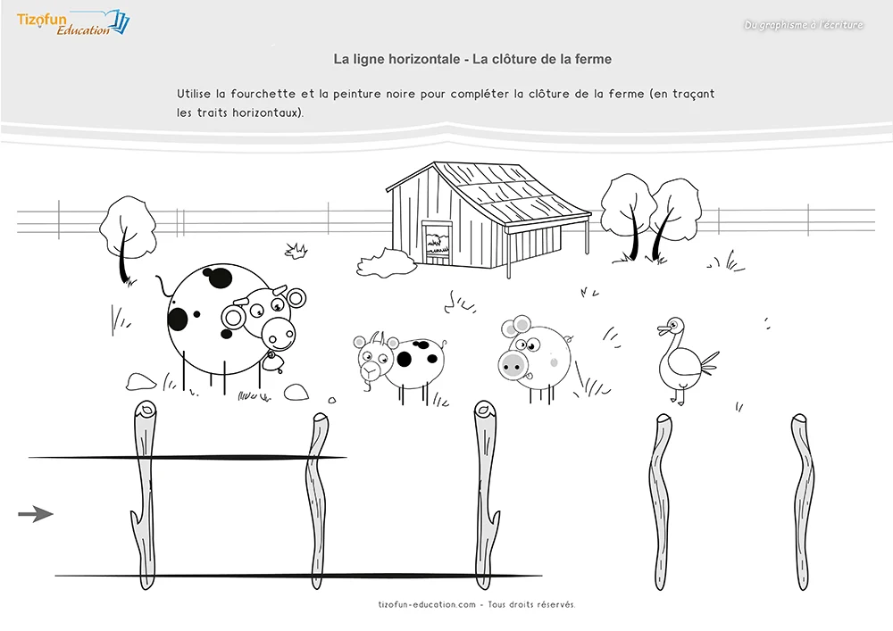 Fiche de graphisme en maternelle proposant de compléter la clôture d'une ferme en reliant les piquets par des lignes horizontales.