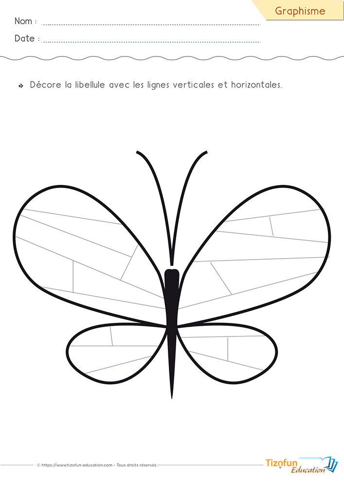 Activité de Graphisme avec des lignes horizontales et verticales pour décorer un papillon.