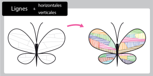 Une fiche de graphisme en Maternelle pour tracer des lignes horizontales et verticales dans les ailes d'un papillon tout en préparant l'écriture.