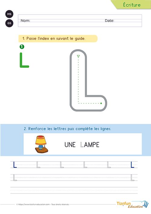 Activité de graphisme présentant la lettre L majuscule, son angle caractéristique, l'illustration d'une lampe et un espace de reproduction.