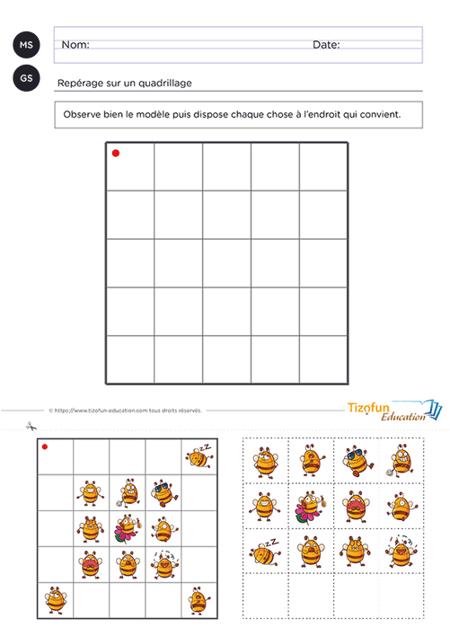 Activité de déplacement sur quadrillage avec les abeilles pour la maternelle proposant de reproduire les positions d'un modèle afin de développer le repérage spatial, la mémoire visuelle et l'observation.