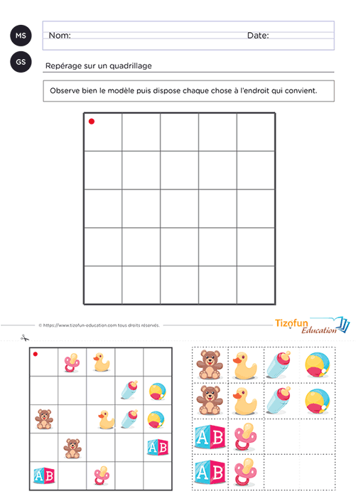 Exercice de repérage sur quadrillage avec les jouets à imprimer pour la maternelle proposant de reproduire fidèlement les positions d'un modèle afin de développer le repérage spatial, l'observation et la mémoire visuelle.