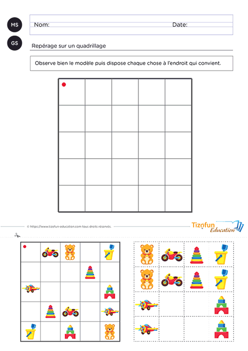 Exercice pour reproduire un modèle avec des jouets sur quadrillage en maternelle proposant de replacer chaque jouet à la bonne position afin de développer le repérage spatial, la mémoire visuelle, l'observation et le raisonnement logique.