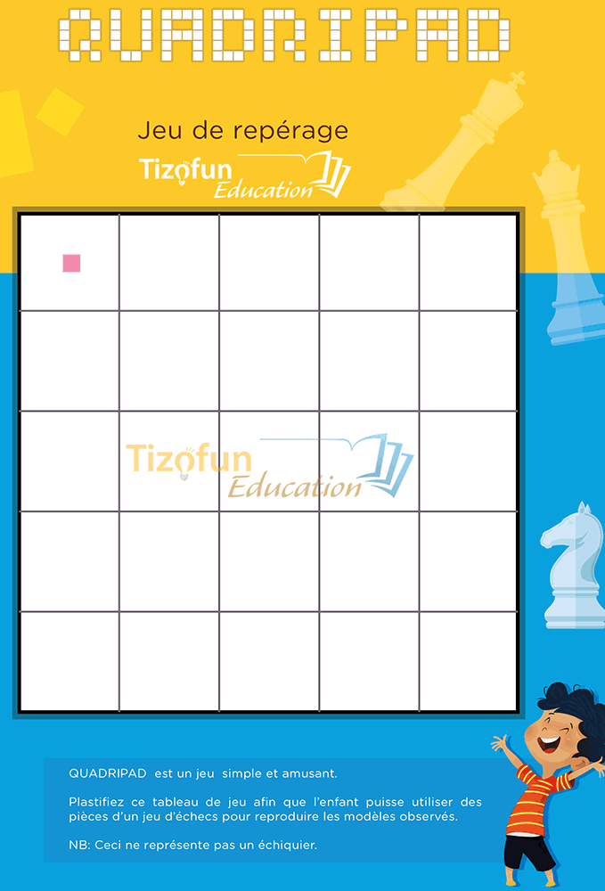 Exercice de quadrillage en maternelle avec des pièces d'échecs comprenant un tableau de jeu réutilisable pour reproduire différents modèles de repérage spatial.