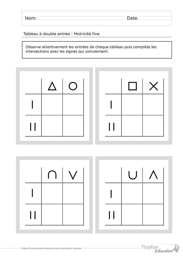 Tableau à double entrée GS à imprimer avec quatre grilles de logique où les lignes et les colonnes guident le tracé de symboles.