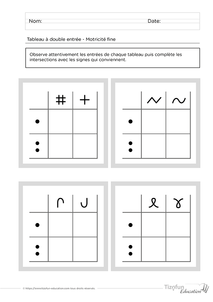 Activité d'exercice tableau double entrée GS CP présentant quatre quadrillages de logique avec constellations de points et symboles graphiques pour développer le repérage et la motricité fine.