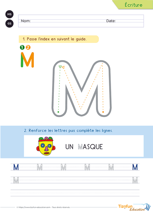 Activité de graphisme présentant la lettre M majuscule, sa silhouette caractéristique, l'illustration d'un masque et un espace de reproduction.