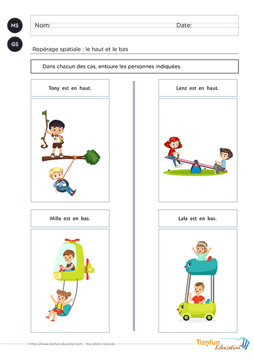 Fiche sur la notion de haut et de bas en maternelle proposant des exercices illustrés de repérage spatial pour les élèves de MS GS.