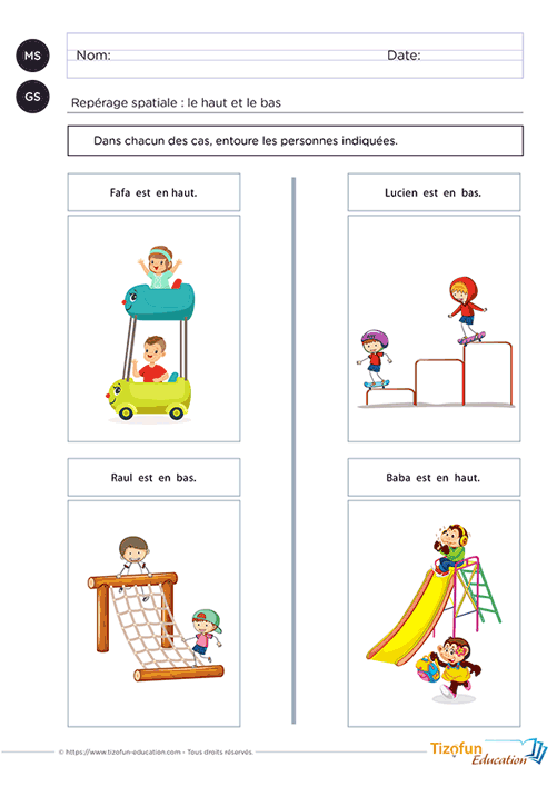 Activité sur le haut et le bas en Maternelle à imprimer proposant plusieurs scènes illustrées de repérage spatial pour les élèves de MS et GS.