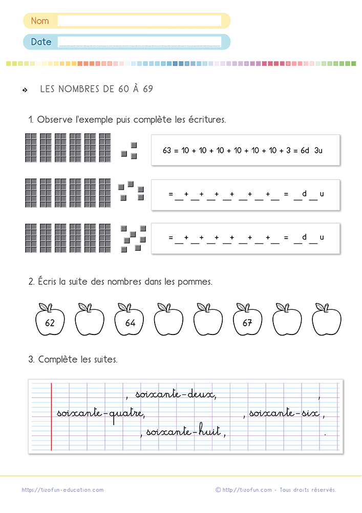 Fiche de mathématiques sur les nombres de 60 à 69 CP CE1 avec des exercices de décomposition, de matériel en base 10, de suites numériques et d'écriture en lettres.