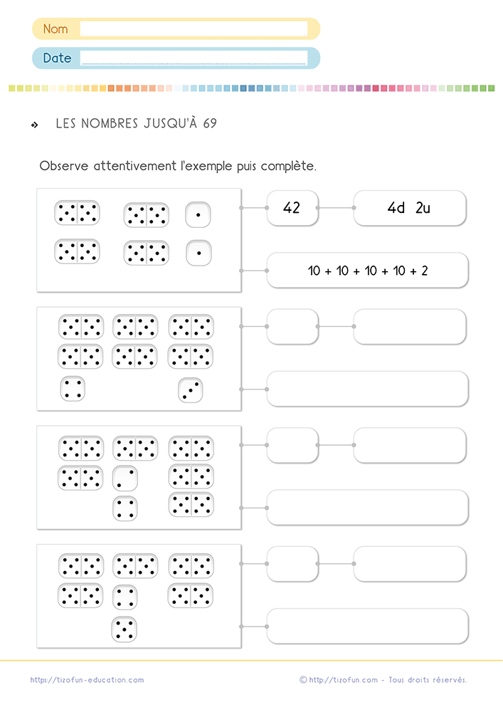 Fiche de mathématiques pour écrire les nombres de 60 à 69 CP CE1 avec des représentations en dominos, des dizaines et unités ainsi que des décompositions additives.