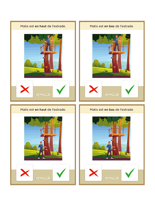 Jeu éducatif sous forme de cartes d'association Vrai ou Faux. Idéal pour valider la maitrise des notions spatiales et l'orientation en MS-GS.