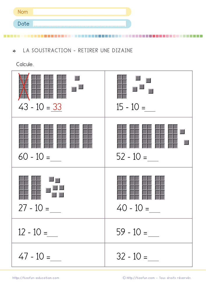 Fiche de mathématiques pour apprendre la soustraction en ligne CP CE1 en retirant une dizaine grâce à des représentations en base dix et des exercices progressifs de calcul mental.