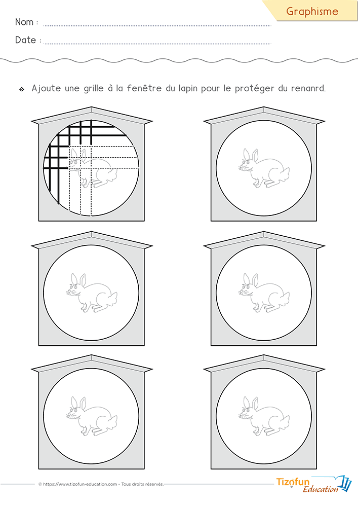 Activité de Graphisme avec un quadrillage à réaliser dans les ouvertures d'une maison d'elfe.
